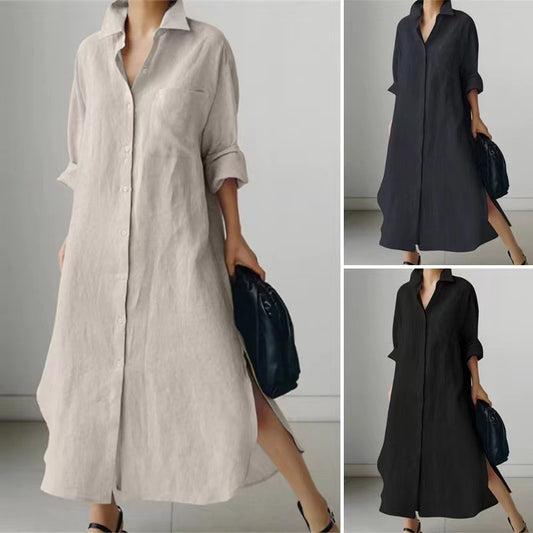 Women's Cotton Slit Shirt Dress – Stylish Cardigan Style, Sizes up to 5XL