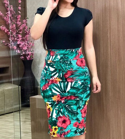 Printed Office Midi Pencil Dress – Elegant Large Size Women’s Bodycon Workwear