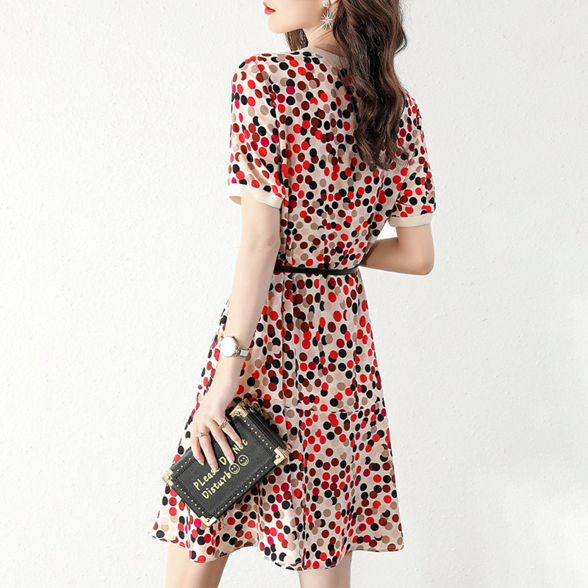 Polka Dot Mid-Length A-Line Dress – Short Sleeve Vintage Style