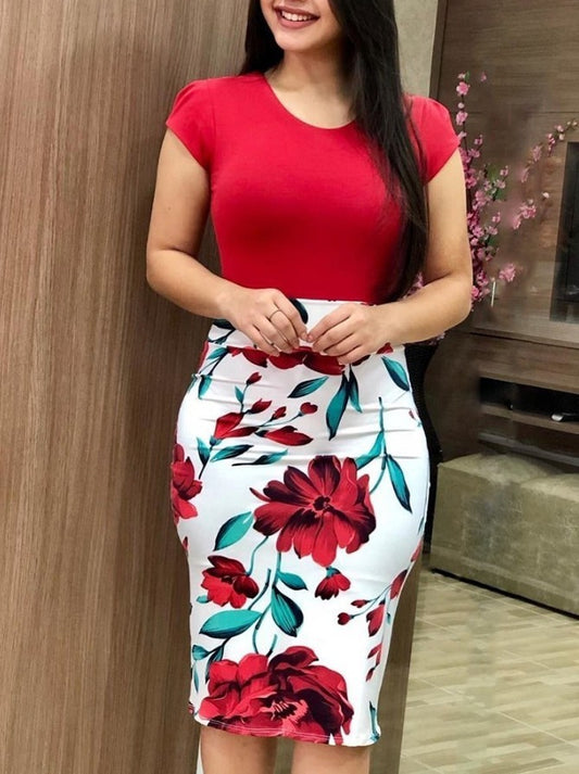 Printed Office Midi Pencil Dress – Elegant Large Size Women’s Bodycon Workwear