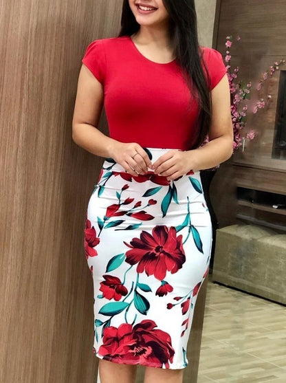 Printed Office Midi Pencil Dress – Elegant Large Size Women’s Bodycon Workwear
